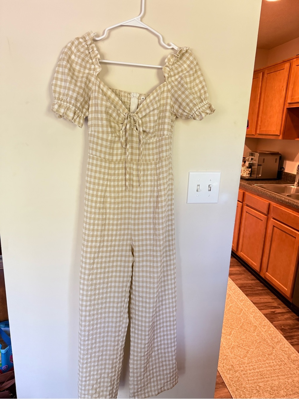 SHEIN Beige Gingham Tie-Front Wide-Leg Jumpsuit
